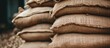 Close up stack of seeds, beans full burlap bags or sacks in stock in warehouse. AI generated image