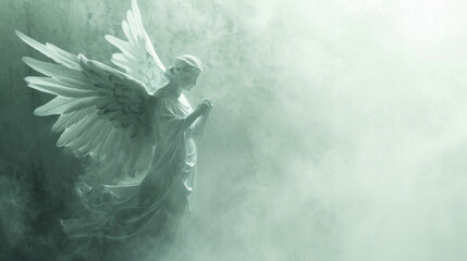Wall Mural - In the hazy realm of dreams a powerful angel appears as a beacon of hope and faith guiding the dreamer through challenges and obstacles with unwavering support.