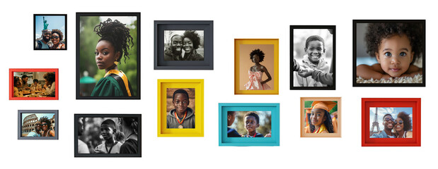 Wall Mural - Colorful variety of photo frames with African American family portraits over white transparent background