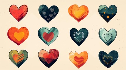 Collection of illustrated hearts icons generative ai