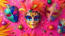 Vibrant Carnival Design With Colorful Masks And Festive Decorations On A Lively Pink Background. Generative Ai