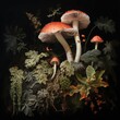 Woodland mushrooms, moody moss mushroom wall print, floral dark academia, halloween printable, vintage poster, gothic oil painting
