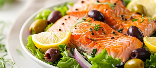Wall Mural - Salmon salad garnished with olives and lemon, served on a plate.