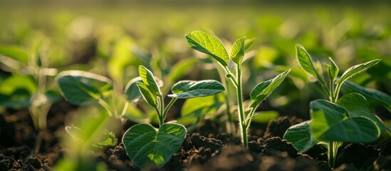 Canvas Print - Macro photograph of young soybean plants in a field.