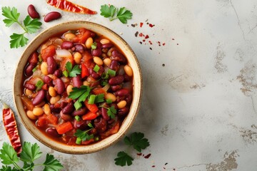 Wall Mural - Top view of homemade vegan stew with kidney beans and veggies on a white table copy space