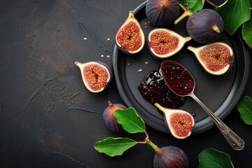 Wall Mural - Fig jam on a black plate with black figs and a spoon Top view on a dark background