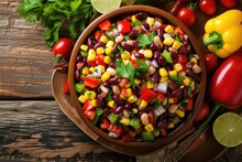 Cowboy Caviar Or Texas Salad Made With Beans Corn Bell Peppers And Tomato In Chili Lime Vinaigrette Served On A Table