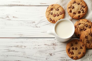 Sticker - White wooden table with cookies milk and space for your text seen from above