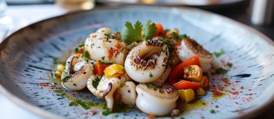 Sticker - Squid and vegetables on a plate at a restaurant.