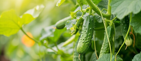 Sticker - Climbing cucumber plant in veggie garden, fresh and green.