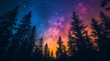 The Night Sky Is Colored By The Dazzling Brilliance Of The Aurora, With Colors That Fill The Sky And Create Silhouettes Of The Trees Below, Ai Generated Images