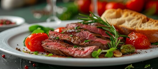 Poster - Red meat slices roasted and served on a white plate with tomatoes, sprouts, and bread.