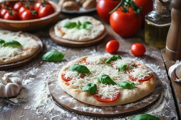 Sticker - Italian pizza dough being prepared on a wooden table