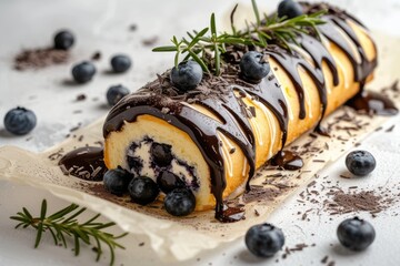 Canvas Print - Swiss roll cake with chocolate cream cheese blueberry and rosemary on a concrete background