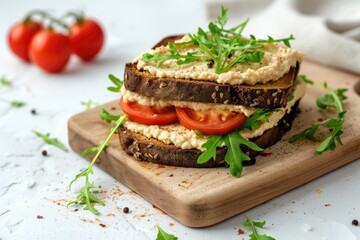 Wall Mural - Black bread sandwich with tomatoes hummus on wooden board light background side view copy space breakfast concept horizontal orientation
