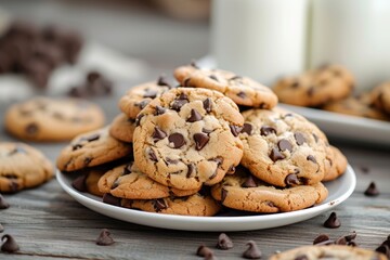 Poster - Homemade chocolate chip cookies stacked on a wooden table accompanied by milk bottles in the backdrop