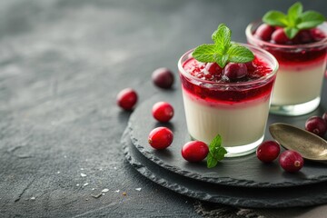 Canvas Print - Coconut Panna Cotta with cranberry sauce and mint in a homemade jar