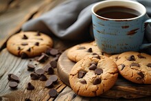 Chocolaty Cookies And A Warm Cup On A Wooden Table