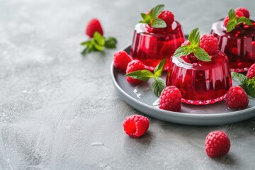 Poster - Healthy homemade red berry gelatin dessert on a light grey stone background with selective focus and copy space