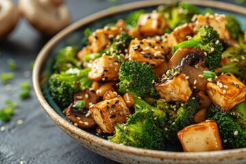 Sticker - Selective focus dish of sauteed broccoli tofu and mushrooms on a plate