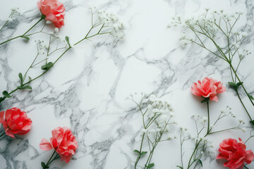 Wall Mural - Top view flowers decoration on a marble background, Flat lay Minimal fashion summer holiday concept