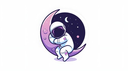 Cute astronaut hug sickle moon cartoon vector icon illustration flat cartoon on white background --ar 16:9 --v 6