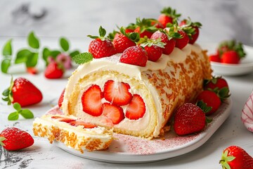 Wall Mural - Cream cheese filled roll cake adorned with fresh strawberry