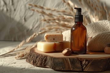 Poster - Front view of a wooden tray holding an amber bottle facial cosmetics natural soap bars against a beige concrete background with a streak of dayligh