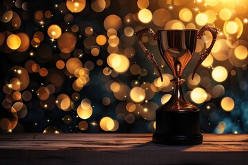 Wall Mural - Subdued picture of trophy on table with abstract shimmering lights on dark background