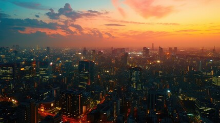 Wall Mural - Aerial view of city with buildings at sunset with night lights