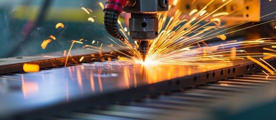 Poster - Actual Asian worker operating a computerized steel laser cutting machine in a factory.