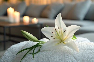 Poster - Closeup of lily flower on spa couch in salon