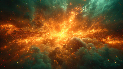 Wall Mural - abstract bursts in green and orange gamut, as if raging sparks of pass