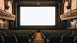 White screen projected from cinematograph displayed in movie theater in front of rows of seats.