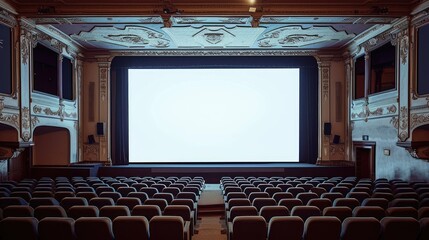 White screen projected from cinematograph displayed in movie theater in front of rows of seats.