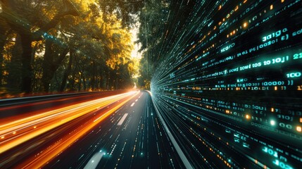 Wall Mural - The graphic visualizes the agile digital transformation with fast data flow on road in cyber global communication.