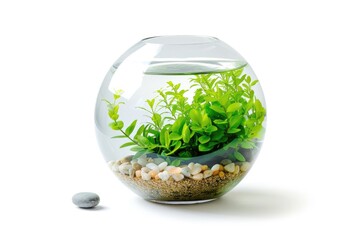 Wall Mural - Isolated glass fish bowl with clear water plant and pebble on white background