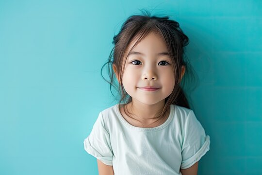 Photo of Asian child on blue backdrop
