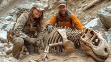 A Couple Of Paleontologists Remove Dirt From A Recently Discovered Skeleton Of A Dinosau