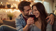 Couple in love drinking wine at home, marriage and valentines concept