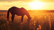 The Silhouette Of A Lone Horse Grazing In A Field Is An Idyllic Scene In The Peaceful Countryside At Dusk.