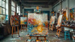Artistic easels with suspended brushes, creating an atmosphere of creativity in an art studi