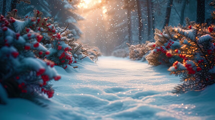 Wall Mural - Winter forest landscape with white snow, branches of trees, and a hare hiding in snowy thicke