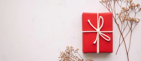 Canvas Print - Red gift box with white rope and dried flower on white background.