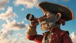Cartoon digital avatar of Captain Calypso, with a pirate hat and a spyglass, scanning the horizon for treasure.