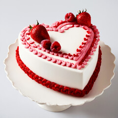 A white cake with strawberries and raspberries in the shape of a heart.