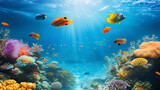 Fototapeta  - Panoramic underwater seascape of a vibrant coral reef bustling with colorful tropical fish, bathed in sunlight filtering through the ocean surface.
