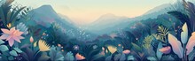 Travel Concept Banner,  Mountains And Flowers Landscape