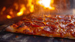 Glistening pepperoni slices sizzle atop a perfectly cooked pizza slice surrounded by the smoky backdrop of a woodfired oven.