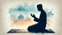 A Silhouette Of A Person In Islamic Prayer, Depicted In A Watercolor Style.